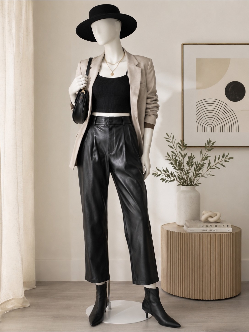 NWT Calvin Klein Black Faux Leather Cropped Wide Leg Pants Women's Size 8